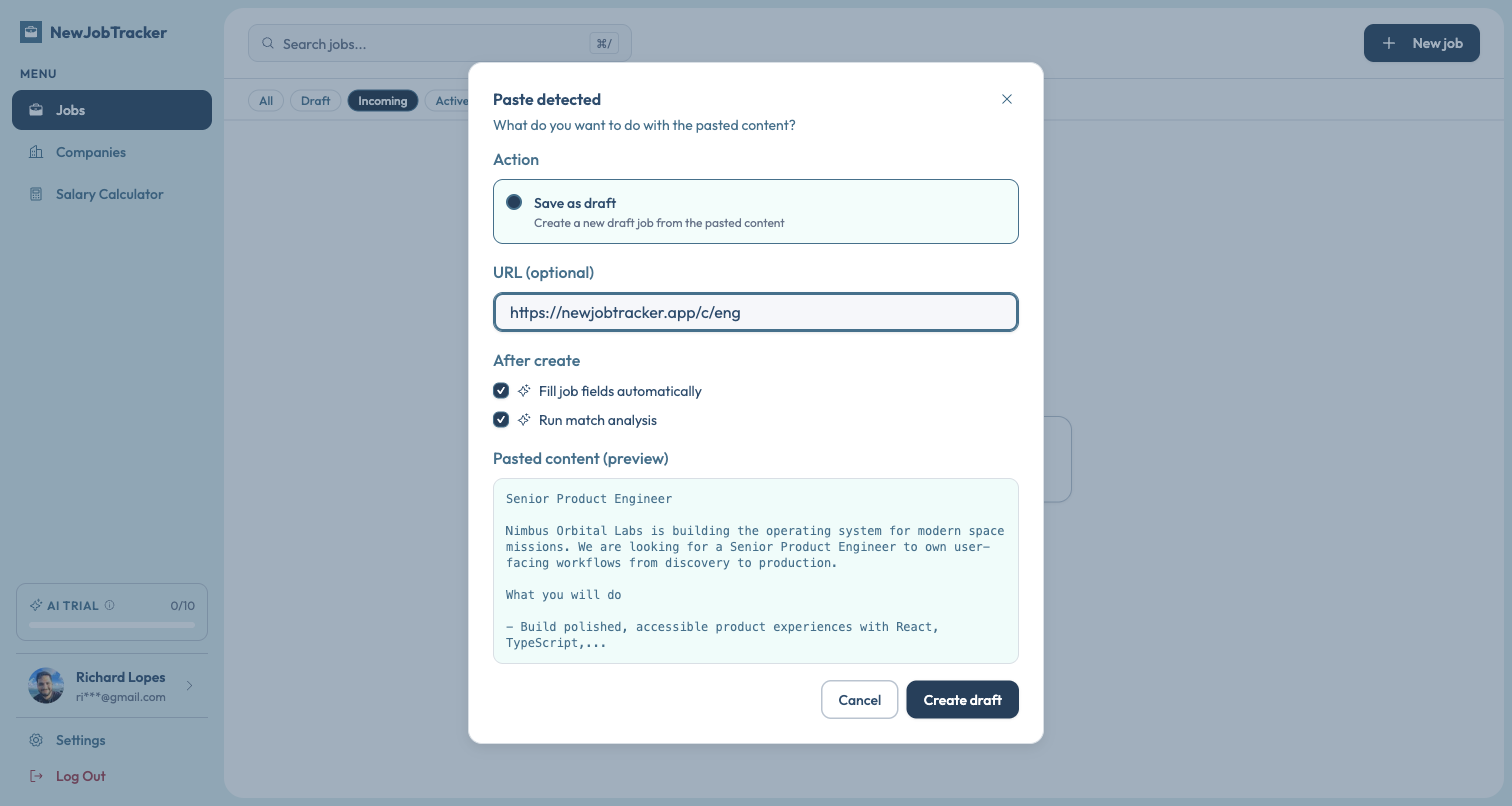 Job created as a draft, ready for review